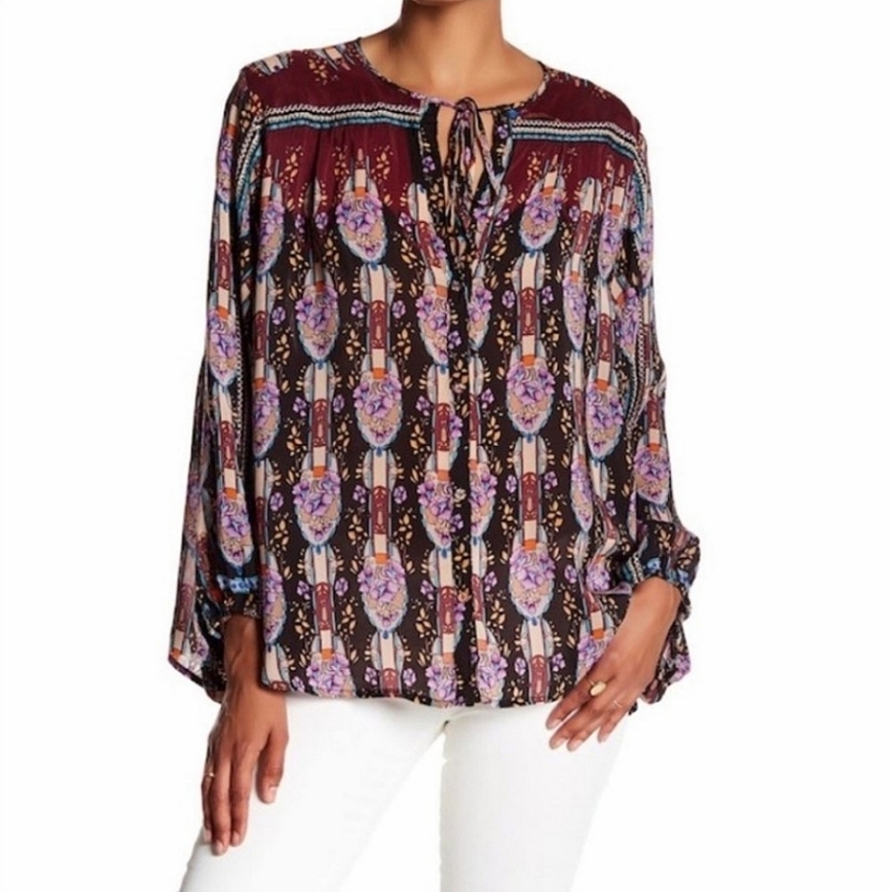 Johnny Was Roco Button Down Boho Peasant Blouse Sz XS Floral Designer Paisley